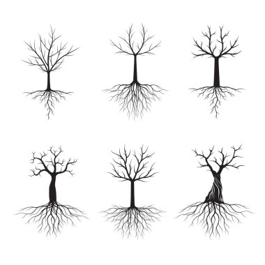 Köklü Kara Ağaçlar. Vektör İllüstrasyonu. Simge koleksiyonu.