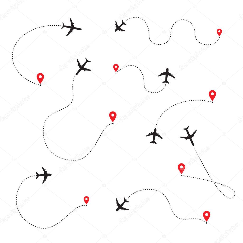 Airplane line path of air plane flight route with start point. Vector Icon