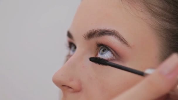 Plan rapproché.Maquilleur professionnel appliquant le mascara sur les cils du modèle — Video