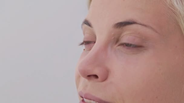 Visagist toepassing van make-up op het gezicht van de mooie jonge sensuele model — Stockvideo