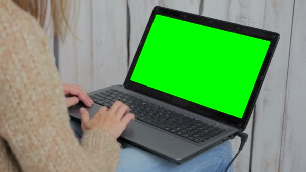 Donna che utilizza il computer portatile con schermo verde — Video Stock