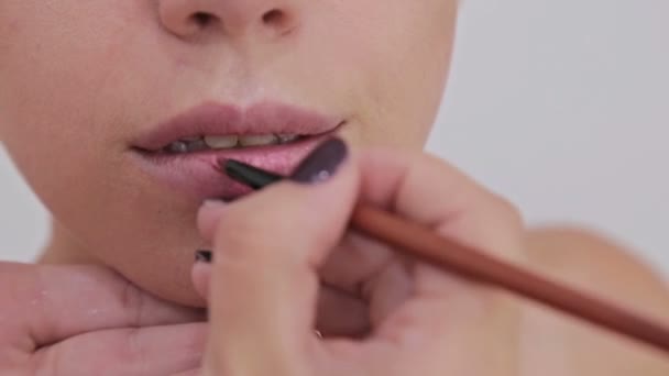Primer plano. Artista de maquillaje profesional aplicando lápiz labial en los labios del modelo — Vídeo de stock
