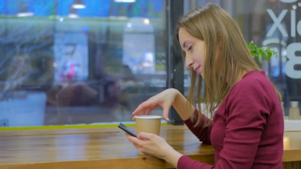 Kobieta za pomocą smartfona w kawiarni — Wideo stockowe