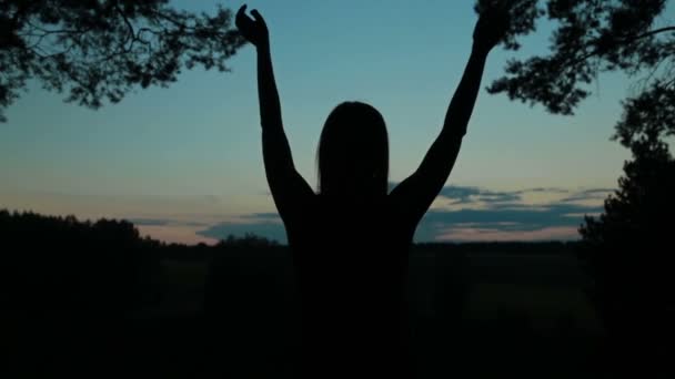 Joyeux jeune femme silhouette contre le ciel lève les mains dans l'air 