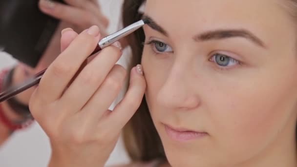 Zblízka střílel. Profesionální make-up artist výkresu obočí — Stock video