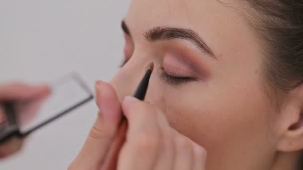 3 strzały. Profesjonalny makijaż artysta zastosowanie eyeshadow — Wideo stockowe