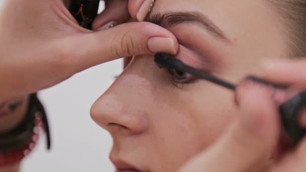 Plan rapproché.Maquilleur professionnel appliquant le mascara sur les cils du modèle — Video