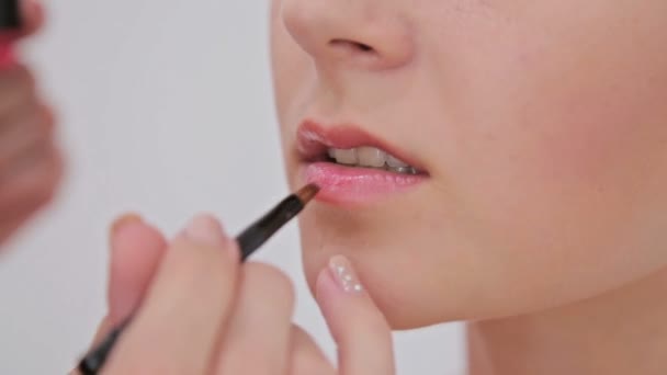 Professional makeup artist applying lipstick on lips of model — Stock Video