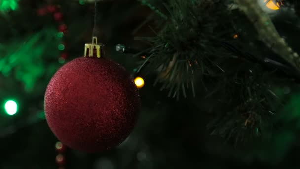 Christmas and New Year tree decoration, garland and toys — Stock Video