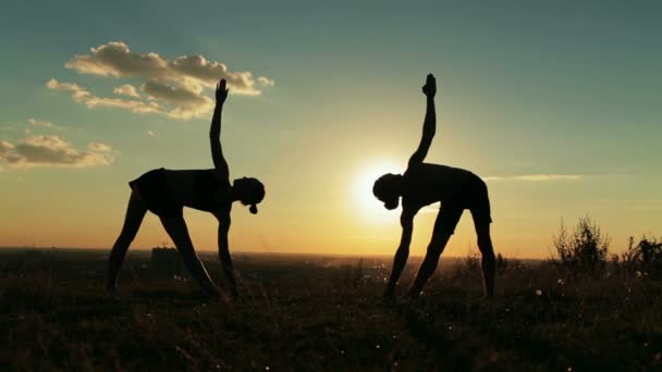 Silhuett av sportig man och kvinna gör triangel pose i parken vid solnedgången — Stockvideo