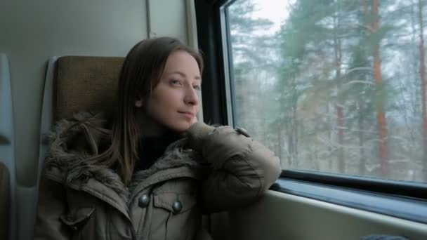 Nachdenkliche Frau entspannt sich und schaut aus dem Zugfenster — Stockvideo