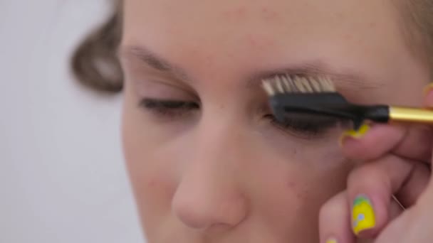 Professionele make-up artiest kammen wenkbrauwen voor client — Stockvideo