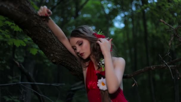 Портрет загадочной девушки с творческим макияжем в этническом красном платье — стоковое видео