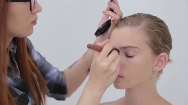 3 strzały. Profesjonalny makijaż artysta stosowania proszku do dziewczyna twarz — Wideo stockowe