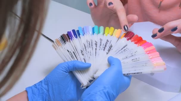 Técnico de uñas muestra la paleta de colores de los servicios de uñas en el salón de belleza . — Vídeo de stock