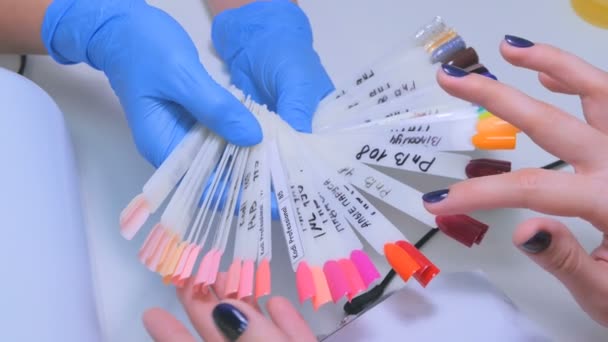 Τεχνικός των νυχιών δείχνει την παλέτα χρωμάτων των νυχιών υπηρεσιών στο σαλόνι ομορφιάς. — Αρχείο Βίντεο