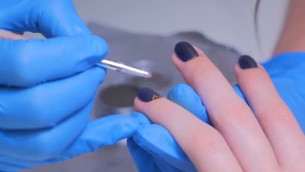 Manicurist treating client at beauty salon - painting on the nail — Stock Video