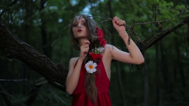 Ritratto di ragazza misteriosa con trucco creativo in abito rosso etnico — Video Stock