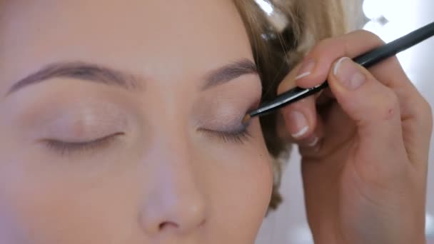 Maquillador profesional aplicando sombra de ojos — Vídeos de Stock