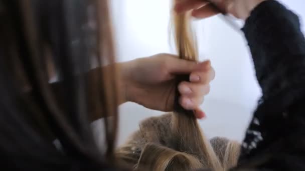 Professional hairdresser doing hairstyle for young pretty woman — Stock Video