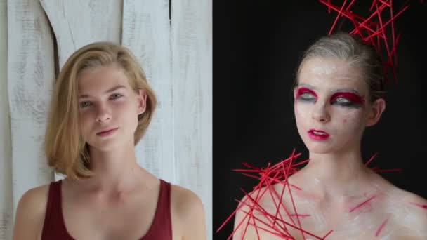 Chica adolescente antes y después de maquillaje creativo — Vídeos de Stock