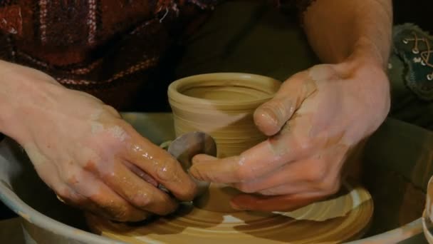 陶芸のワークショップで特別なツールを持つプロの陶芸家の造形マグカップ — ストック動画