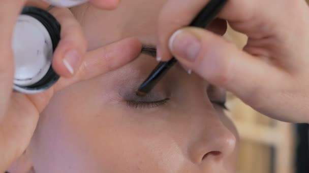 Professionele make-up kunstenaar met oogschaduw — Stockvideo