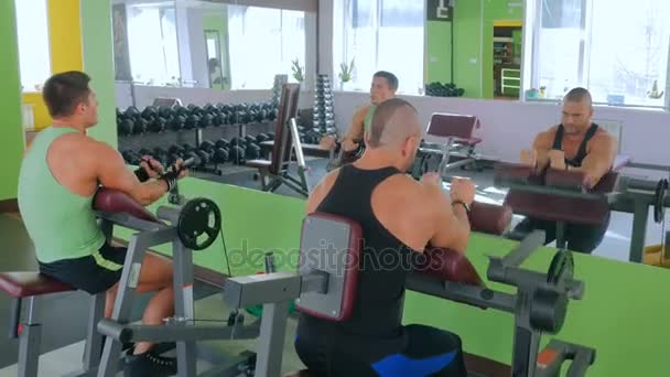 Dos jóvenes atléticos entrenando en equipos de ejercicios de fitness en el gimnasio — Vídeos de Stock