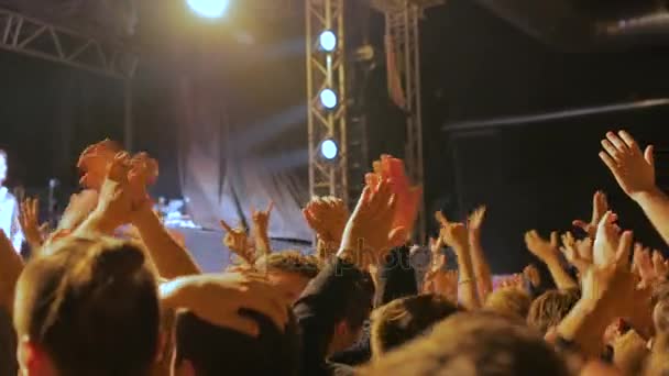 People partying and clapping at rock concert in front of the stage — Stock Video