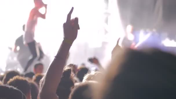 ステージの前にロック コンサートでのパーティーの人々 のシルエット — ストック動画