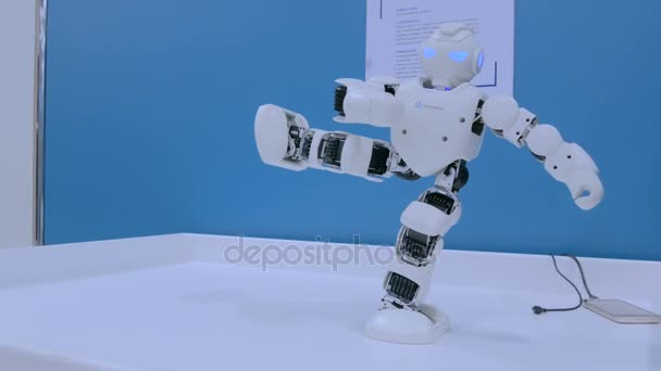 기술 전시회에서 쿵푸의 움직임을 보여 주는 휴머노이드 로봇 — 비디오