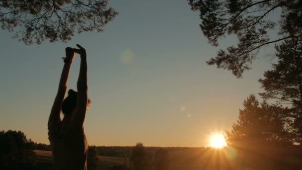 Mujer joven que se extiende hacia el cielo en el bosque al atardecer — Vídeos de Stock