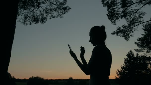 Γυναίκα με τη χρήση smartphone στο δάσος μετά από το ηλιοβασίλεμα — Αρχείο Βίντεο