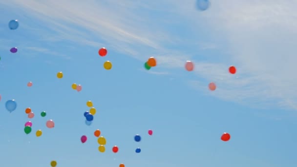 Muchos globos de colores volando en el aire — Vídeo de stock