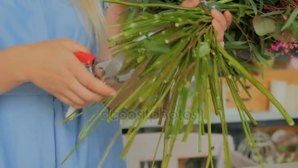 Professionelle Floristin schneidet Blütenstiele im Atelier — Stockvideo