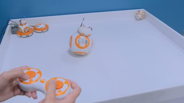 Женщина играет с дроидом BB-8 из StarWars со специальным дистанционным управлением — стоковое видео