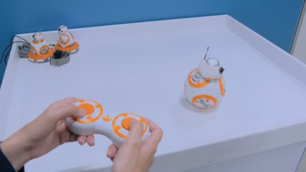 Woman plays with BB-8 droid from StarWars with special remote control — Stock Video
