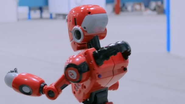 Lindo robot humanoide hablando y divertido moviéndose a la exibición — Vídeo de stock