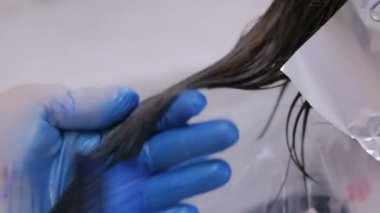 Profesyonel erkek Kuaför kadın istemcisinin stüdyoda saç boyama