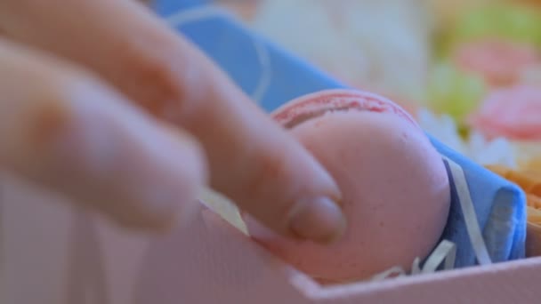 Fleuriste professionnel faisant boîte cadeau avec des fleurs, macarons gâteau à la boutique de fleurs — Video