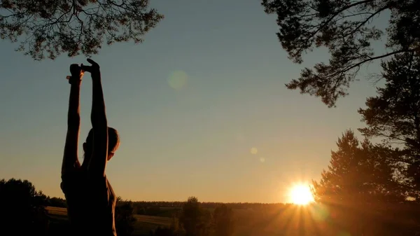 Tânăra femeie întinsă spre cer în pădure la apusul soarelui — Fotografie, imagine de stoc