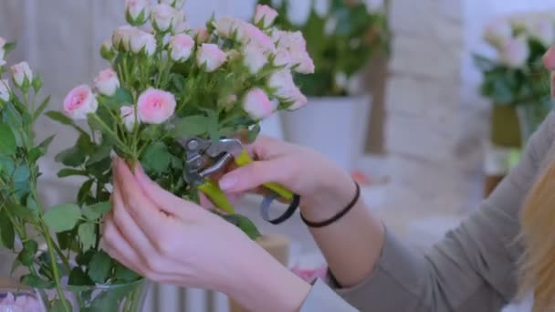 Professionell florist arbetar med blommor på studio — Stockvideo