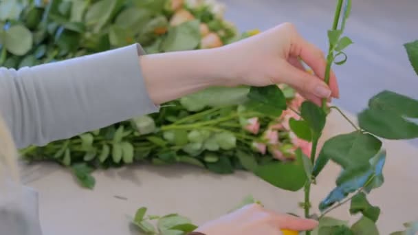 Professionelle Floristin arbeitet im Atelier mit Blumen — Stockvideo