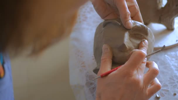 Pottenbakker gezicht op klei Mok met speciaal gereedschap maken in een pottenbakkerij — Stockvideo