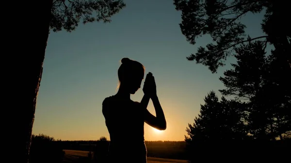 Sportliche Frau betet im Park bei Sonnenuntergang — Stockfoto
