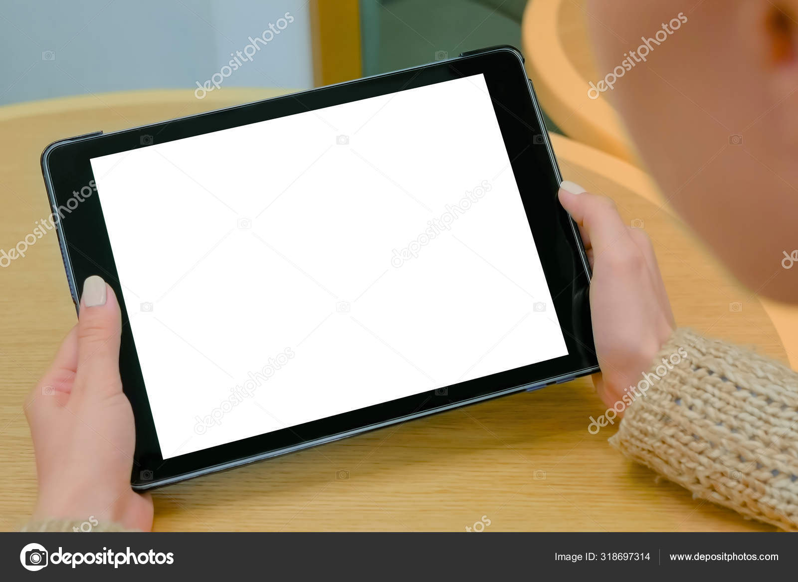 Download Mockup Image Of Digital Tablet Computer With White Blank Screen In Woman Hands Stock Photo Image By C Zyabich 318697314