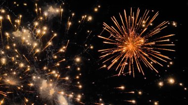 Tatil konsepti. Geceleri karanlık gökyüzünde renkli havai fişekler.