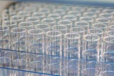 İlaç sergisi vitrininde tıbbi boş cam şişeler.