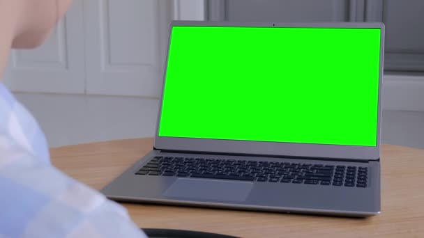 Vállnézeten - nő nézi laptop zöld kijelzővel - mockup koncepció — Stock videók