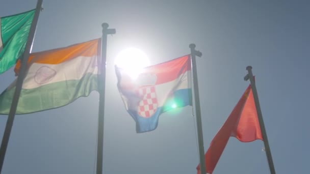 Развевающиеся на ветру разноцветные флаги - супер замедленная съемка - политическая концепция — стоковое видео
